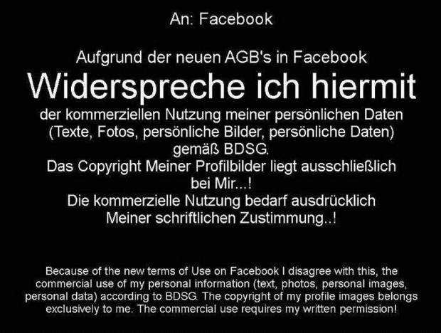 "Aufgrund der neuen AGB's in Facebook..." Spätestens nach dem Deppenapostroph sollte man die Glaubwürdigkeit dieser Meldung infrage stellen. (Screenshot: Golem.de)